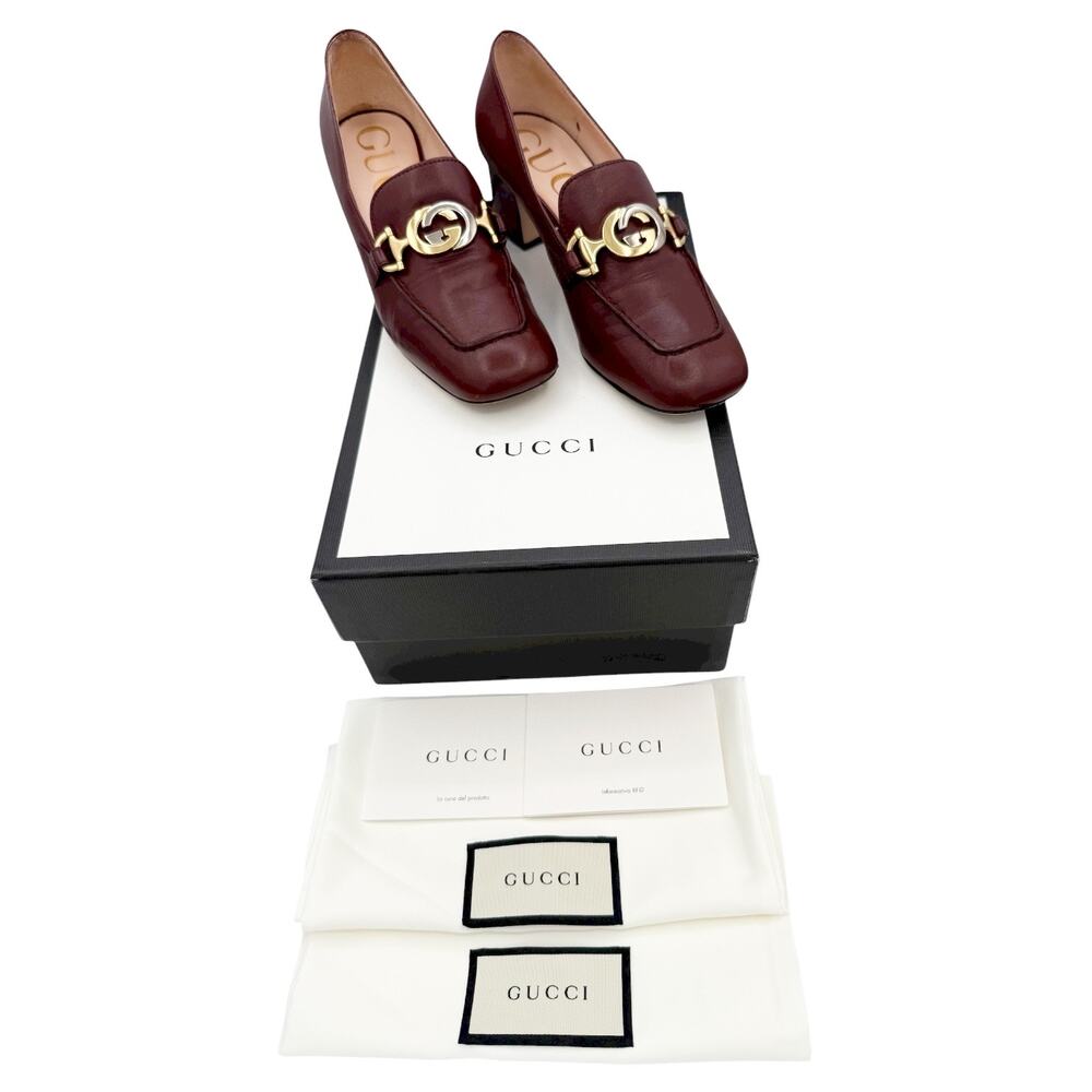 Gucci Zumi Interlocking GG Loafer Pumps EU 37 US 7 Bordeaux Burgundy Block Heel - Picture 2 of 16